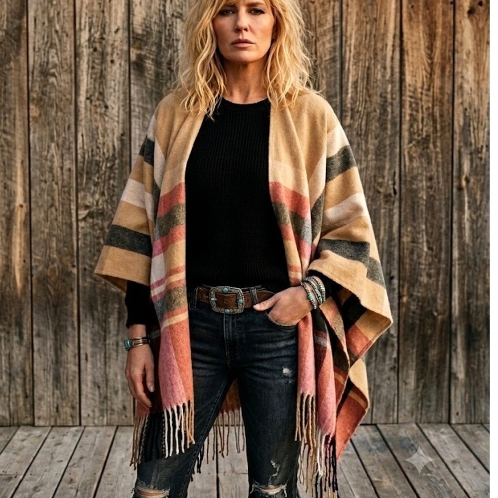 Woolrich Justine Plaid Fringe Poncho Wrap Tan Coral One Size HLM0236S NWT